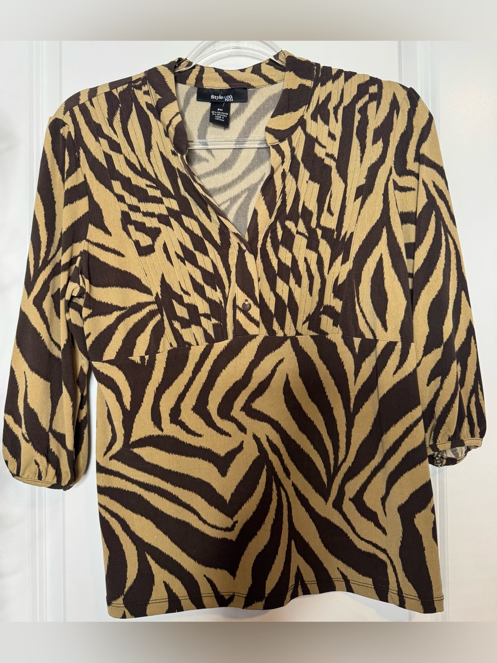 Style & Co. Brown and Tan Zebra-Print V-Neck Blouse stretch animal print PM